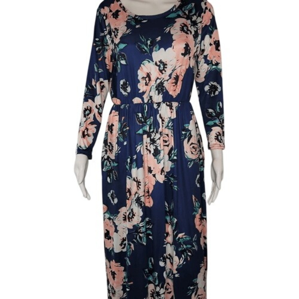 Blue Floral Long Sleeve Maxi‎ Dress